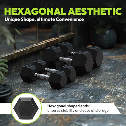 Hex Dumbbell - Rubber Encased Strength Training Hand Weights for Workout & Exercise