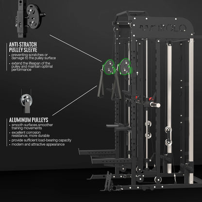 Smith Machine, All-In-One Power Rack Cage with Adjustable Cable Crossover, Vertical Leg Press and Smith Bar with 1500 Lbs Capacity Barbell Combo